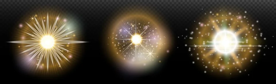 Set of flash light effect with glare and glow on a transparent background. Ma Stock Illustration