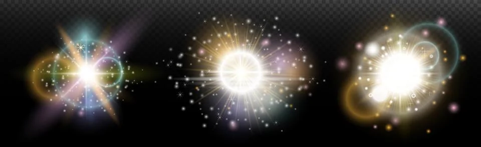 Set of flash light effect with glare and glow on a transparent background. Ma Stock Illustration