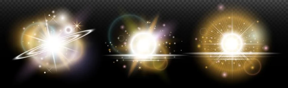 Set of flash light effect with glare and glow on a transparent background. Ma 스톡 일러스트