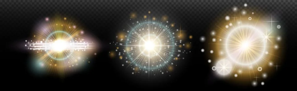 Set of flash light effect with glare and glow on a transparent background. Ma Illustrazione stock