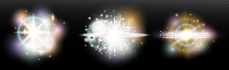 Set of flash light effect with glare and glow on a transparent background. Ma 스톡 일러스트