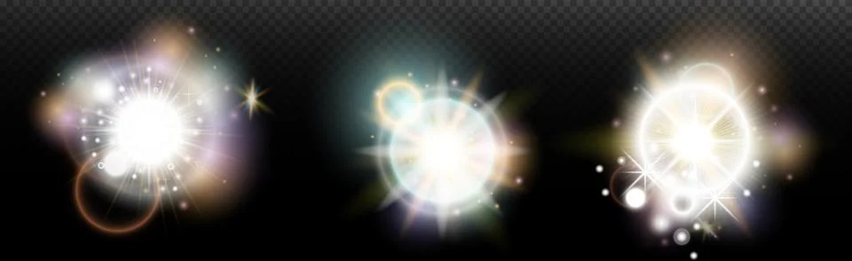 Set of flash light effect with glare and glow on a transparent background. Ma Stock Illustration