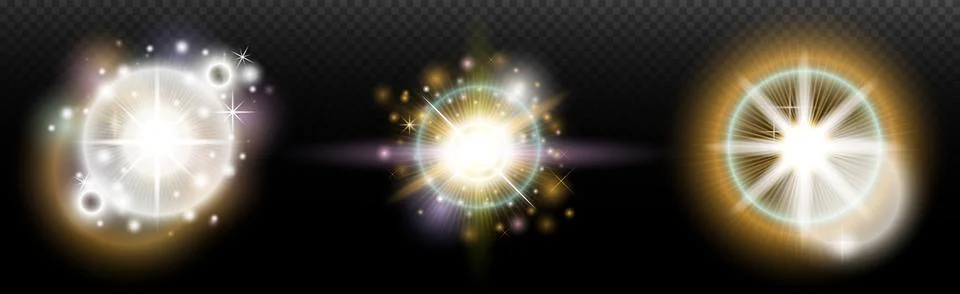Set of flash light effect with glare and glow on a transparent background. Ma 스톡 일러스트