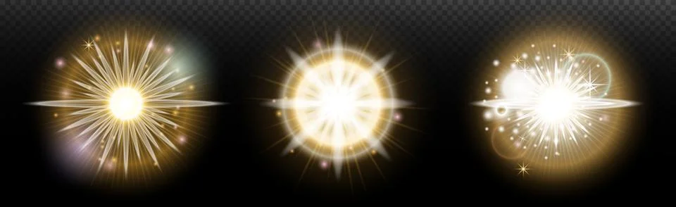 Set of flash light effect with glare and glow on a transparent background. Ma Illustrazione stock