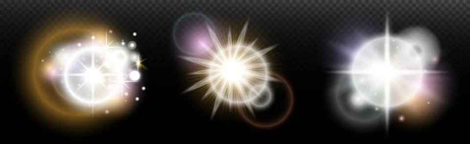 Set of flash light effect with glare and glow on a transparent background. Ma Stock-Illustration