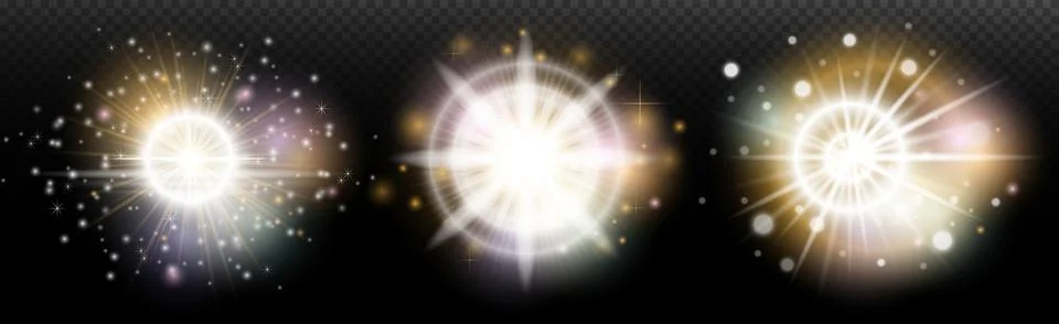 Set of flash light effect with glare and glow on a transparent background. Ma Stock Illustration