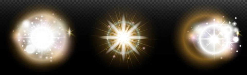 Set of flash light effect with glare and glow on a transparent background. Ma Illustrazione stock