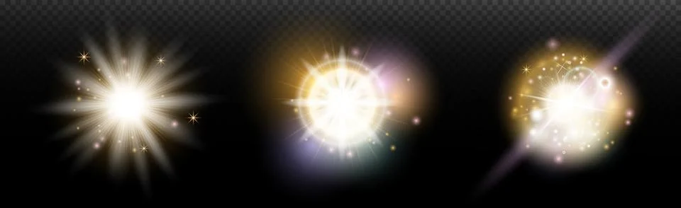 Set of flash light effect with glare and glow on a transparent background. Ma Stock Illustration