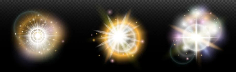 Set of flash light effect with glare and glow on a transparent background. Ma Stock Illustration