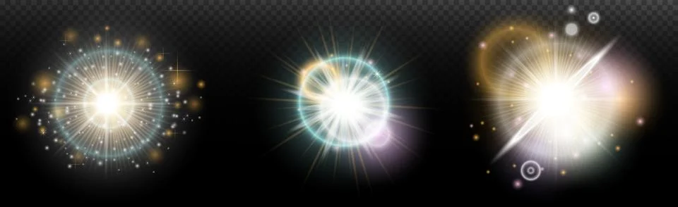 Set of flash light effect with glare and glow on a transparent background. Ma 스톡 일러스트