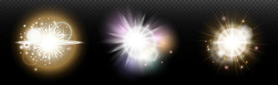 Set of flash light effect with glare and glow on a transparent background. Ma Stock Illustration