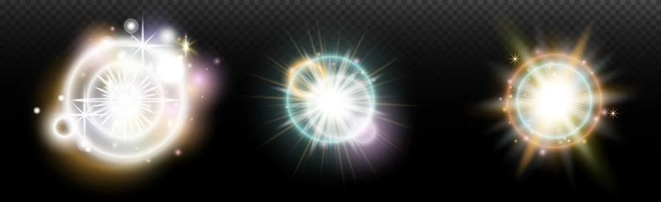 Set of flash light effect with glare and glow on a transparent background. Ma Stock Illustration