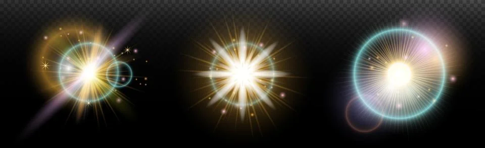 Set of flash light effect with glare and glow on a transparent background. Ma 스톡 일러스트