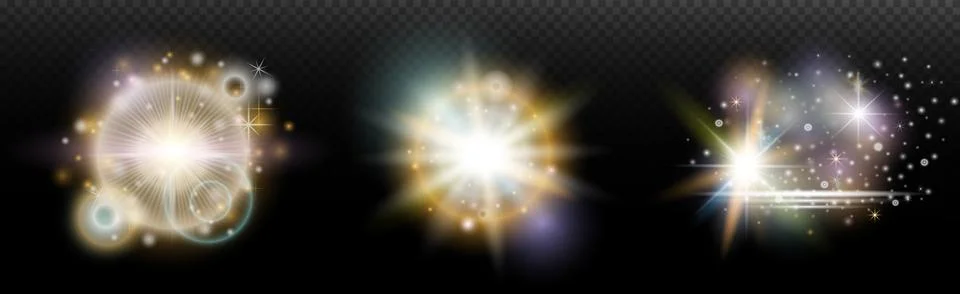 Set of flash light effect with glare and glow on a transparent background. Ma 스톡 일러스트