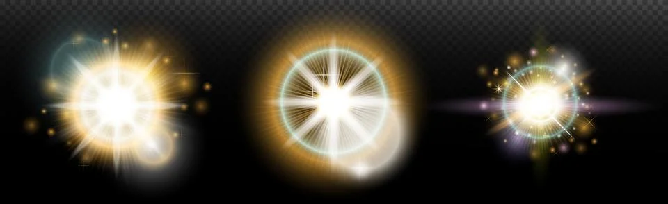 Set of flash light effect with glare and glow on a transparent background. Ma 스톡 일러스트