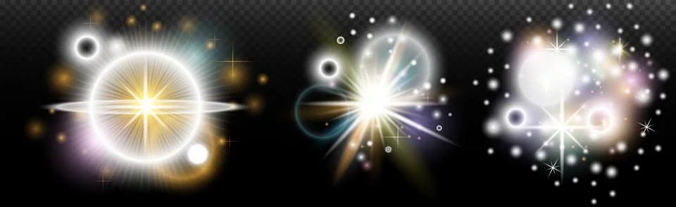 Set of flash light effect with glare and glow on a transparent background. Ma 스톡 일러스트