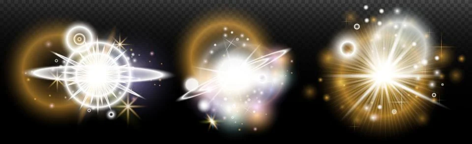 Set of flash light effect with glare and glow on a transparent background. Ma Stock Illustration