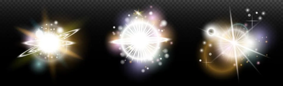 Set of flash light effect with glare and glow on a transparent background. Ma Stock Illustration