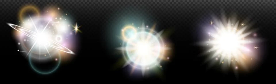 Set of flash light effect with glare and glow on a transparent background. Ma 스톡 일러스트