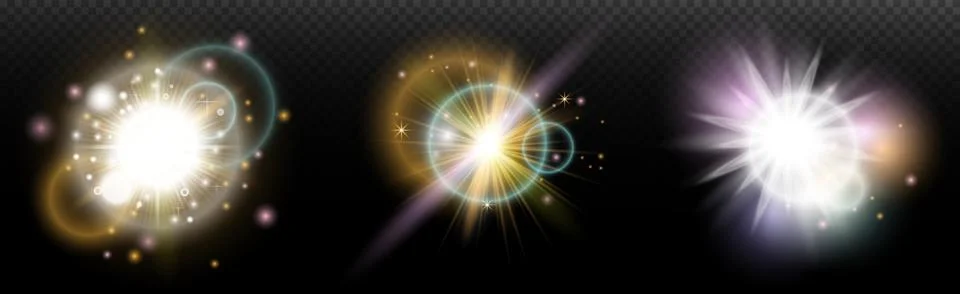 Set of flash light effect with glare and glow on a transparent background. Ma 스톡 일러스트