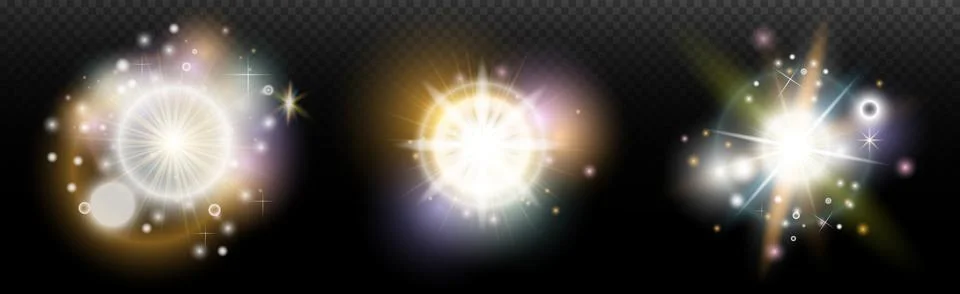 Set of flash light effect with glare and glow on a transparent background. Ma 스톡 일러스트