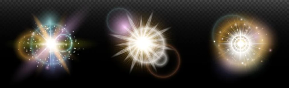 Set of flash light effect with glare and glow on a transparent background. Ma Stock Illustration