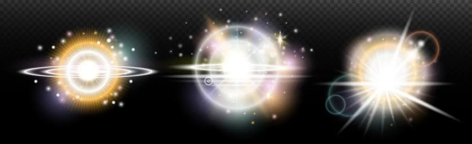 Set of flash light effect with glare and glow on a transparent background. Ma Stock Illustration