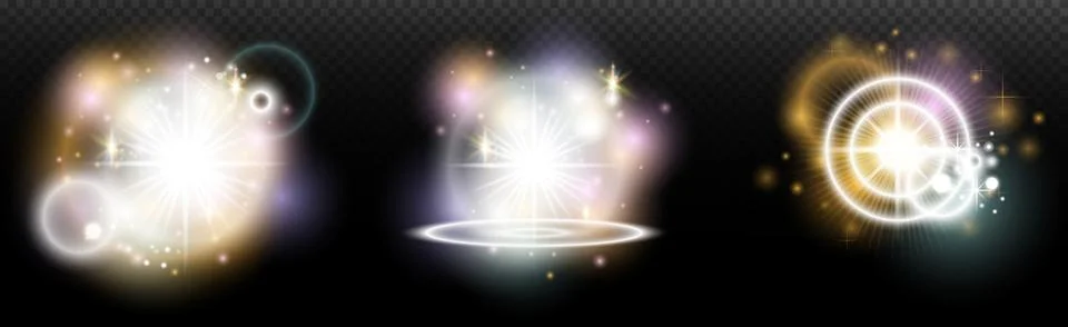 Set of flash light effect with glare and glow on a transparent background. Ma 스톡 일러스트