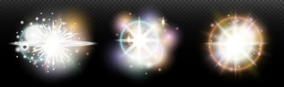 Set of flash light effect with glare and glow on a transparent background. Ma 스톡 일러스트