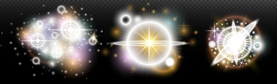 Set of flash light effect with glare and glow on a transparent background. Ma Illustrazione stock