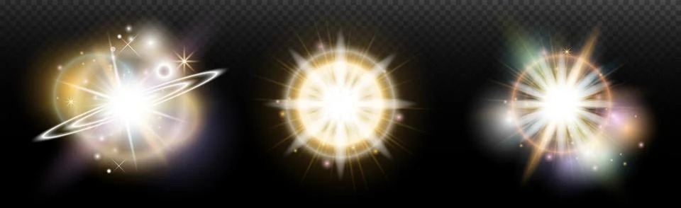Set of flash light effect with glare and glow on a transparent background. Ma 스톡 일러스트
