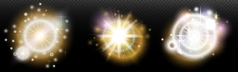 Set of flash light effect with glare and glow on a transparent background. Ma Illustrazione stock