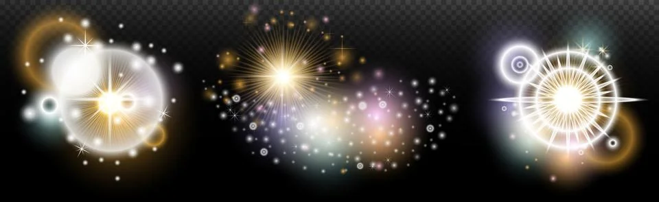 Set of flash light effect with glare and glow on a transparent background. Ma Stock Illustration