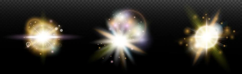 Set of flash light effect with glare and glow on a transparent background. Ma Stock Illustration