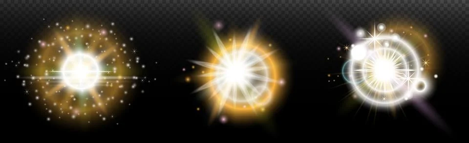 Set of flash light effect with glare and glow on a transparent background. Ma Stock Illustration