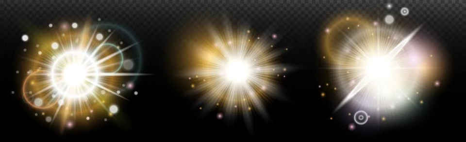 Set of flash light effect with glare and glow on a transparent background. Ma Stock Illustration
