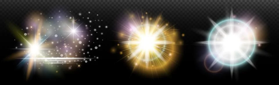 Set of flash light effect with glare and glow on a transparent background. Ma 스톡 일러스트