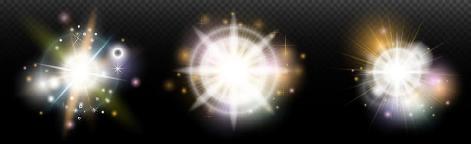 Set of flash light effect with glare and glow on a transparent background. Ma 스톡 일러스트