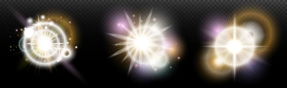 Set of flash light effect with glare and glow on a transparent background. Ma 스톡 일러스트