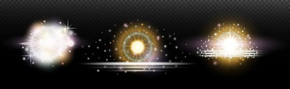 Set of flash light effect with glare and glow on a transparent background. Ma 스톡 일러스트