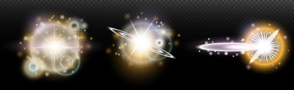 Set of flash light effect with glare and glow on a transparent background. Ma Illustrazione stock