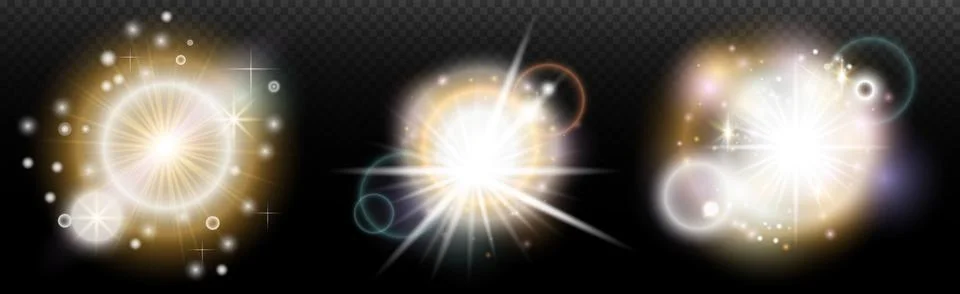 Set of flash light effect with glare and glow on a transparent background. Ma 스톡 일러스트