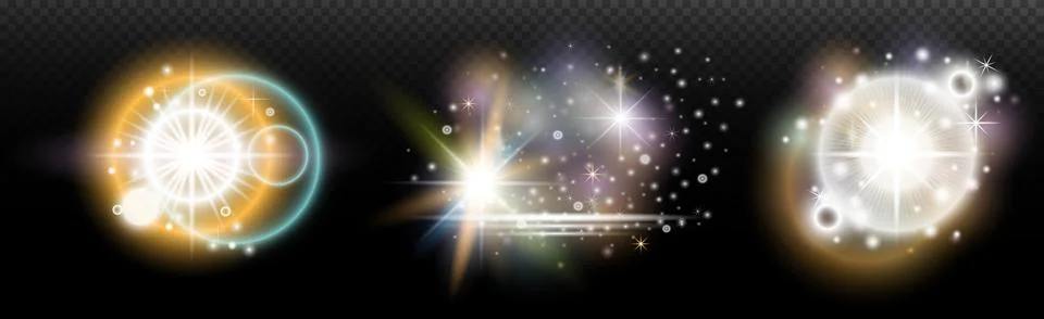 Set of flash light effect with glare and glow on a transparent background. Ma 스톡 일러스트