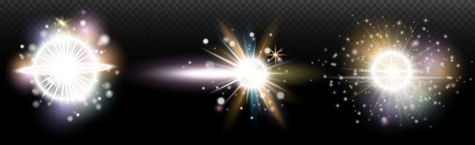 Set of flash light effect with glare and glow on a transparent background. Ma Stock Illustration