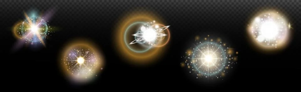 Set of flash light effect with glare and glow on a transparent background. Ma 스톡 일러스트