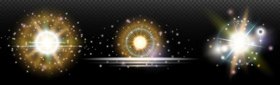 Set of flash light effect with glare and glow on a transparent background. Ma Illustrazione stock