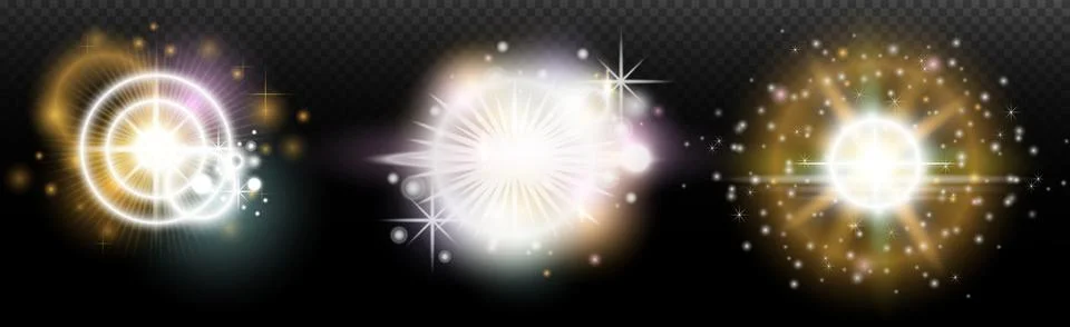 Set of flash light effect with glare and glow on a transparent background. Ma 스톡 일러스트