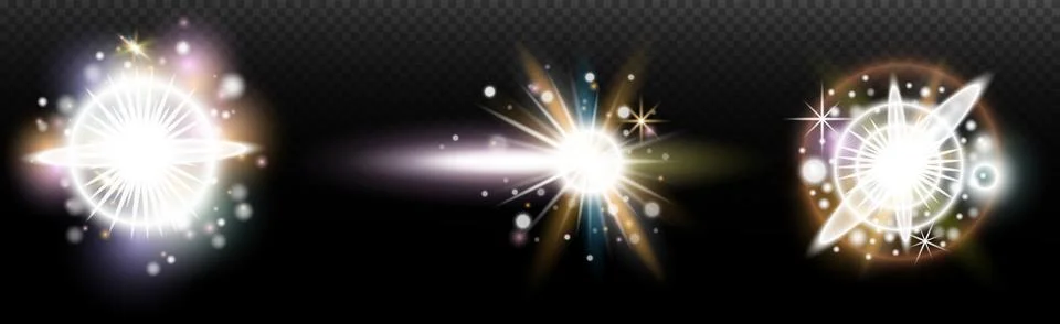 Set of flash light effect with glare and glow on a transparent background. Ma Illustrazione stock