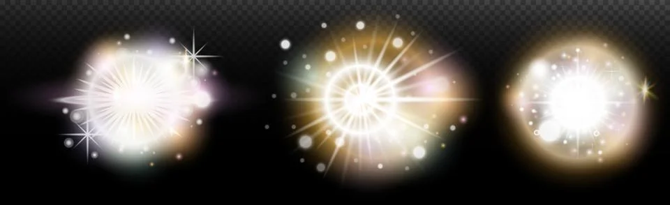 Set of flash light effect with glare and glow on a transparent background. Ma Illustrazione stock