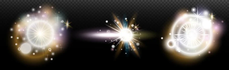 Set of flash light effect with glare and glow on a transparent background. Ma Stock Illustration